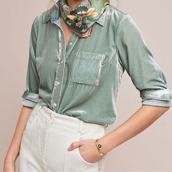 Maeve By Anthropologie Sage Green Crushed Velvet Button Down Sz 4 Boho Preppy - Picture 1 of 8